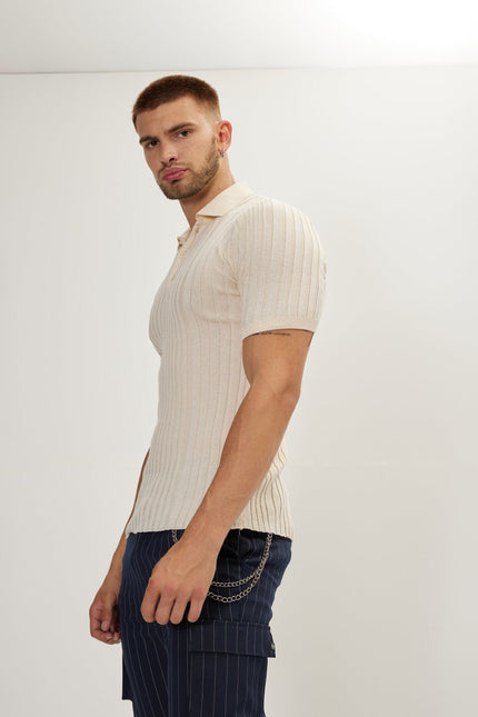 Men's Ribbed Polo Shirt - Beige | Ron Tomson