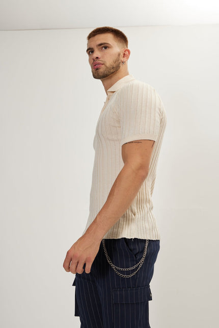Men's Ribbed Polo Shirt - Beige | Ron Tomson