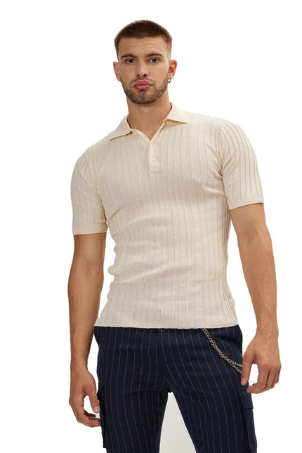Men's Ribbed Polo Shirt - Beige | Ron Tomson