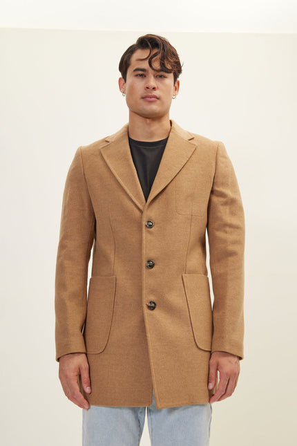 Men's Single-Breasted Notch Lapel Wool Overcoat - Camel | Ron Tomson