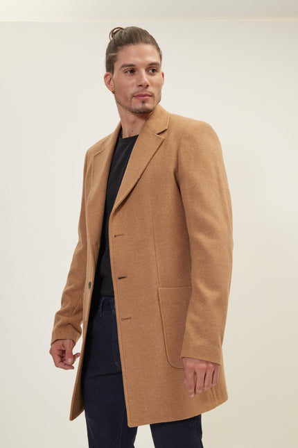 Men's Single-Breasted Notch Lapel Wool Overcoat - Camel | Ron Tomson