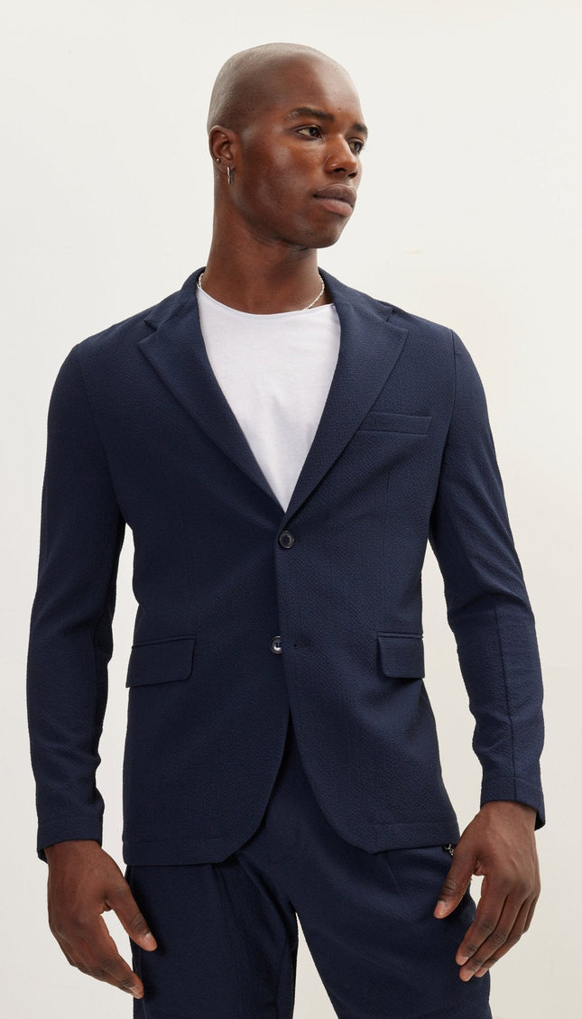 Waffle Stretch Notch Lapel Blazer - Navy