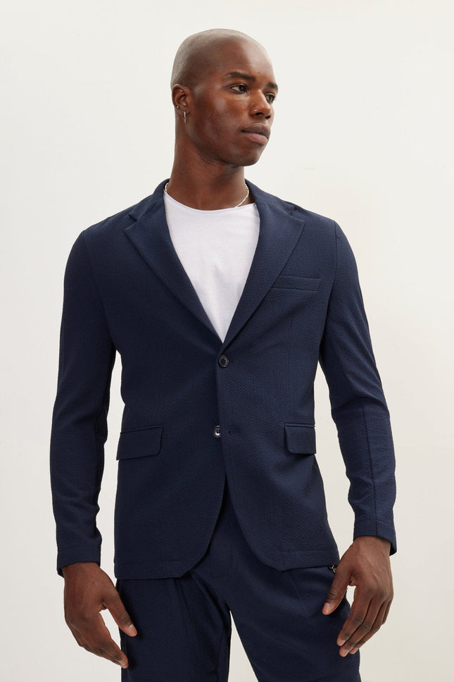 Men's Waffle Stretch Notch Lapel Blazer - Navy | Ron Tomson