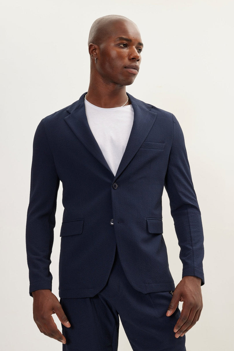 Men's Waffle Stretch Notch Lapel Blazer - Navy | Ron Tomson