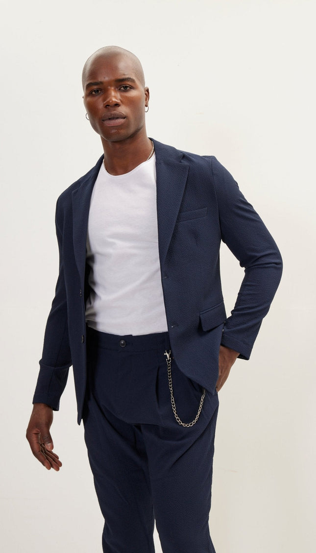 Waffle Stretch Notch Lapel Blazer - Navy