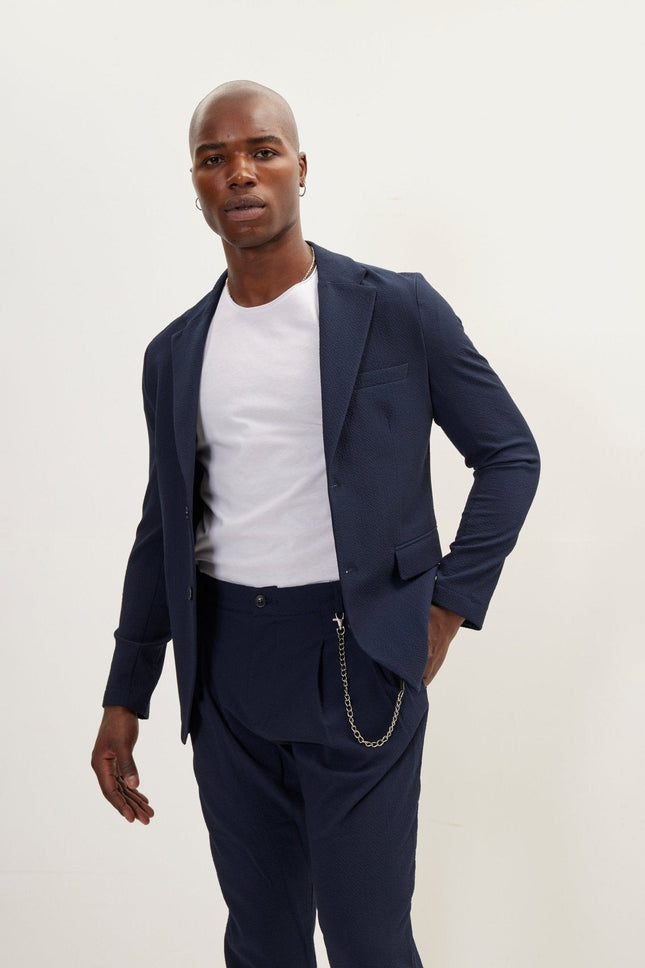 Men's Waffle Stretch Notch Lapel Blazer - Navy | Ron Tomson