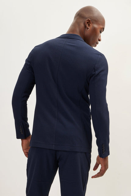 Men's Waffle Stretch Notch Lapel Blazer - Navy | Ron Tomson