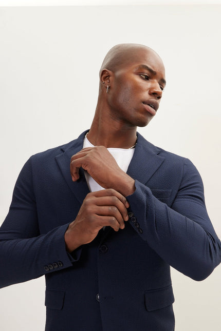 Men's Waffle Stretch Notch Lapel Blazer - Navy | Ron Tomson