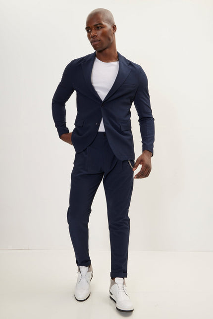 Men's Waffle Stretch Notch Lapel Blazer - Navy | Ron Tomson