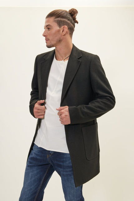 Men's Notch Lapel Overcoat - Black | Ron Tomson