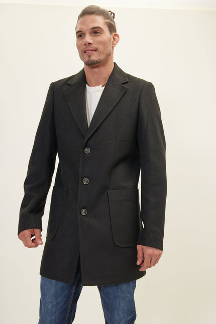 Men's Notch Lapel Overcoat - Black | Ron Tomson