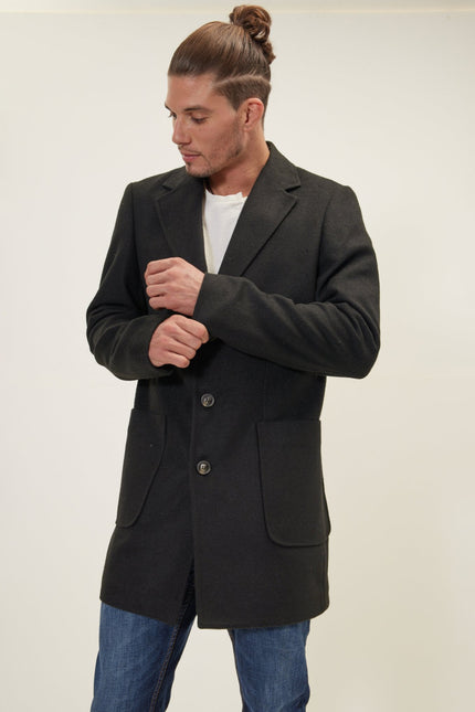 Men's Notch Lapel Overcoat - Black | Ron Tomson