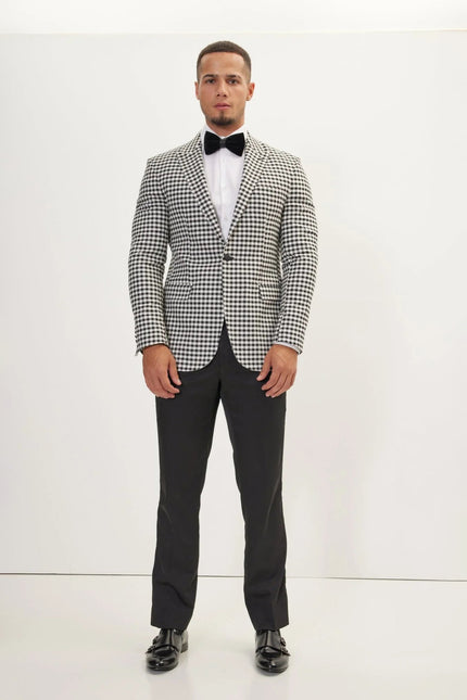 Men's Houndstooth Weaving Peak Lapel Suit With Black Pants | Ron Tomson