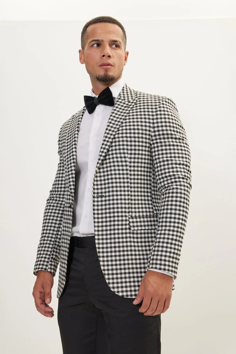 Men's Houndstooth Weaving Peak Lapel Suit With Black Pants | Ron Tomson