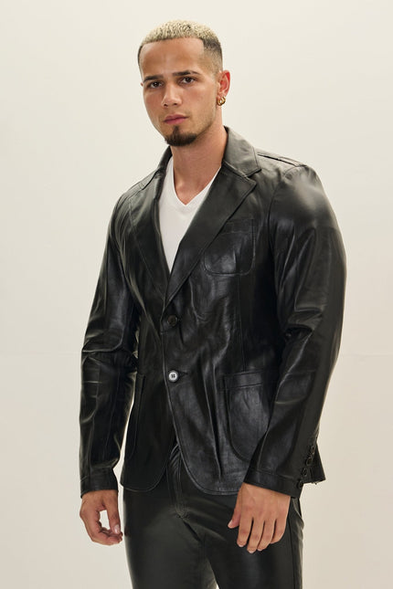 Men's Classic Two-Button Leather Blazer - Black | Ron Tomson