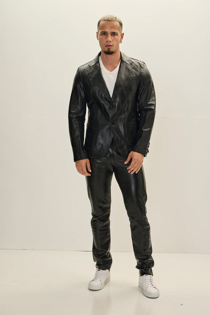Men's Classic Two-Button Leather Blazer - Black | Ron Tomson
