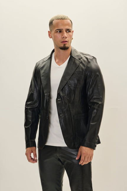 Men's Classic Two-Button Leather Blazer - Black | Ron Tomson