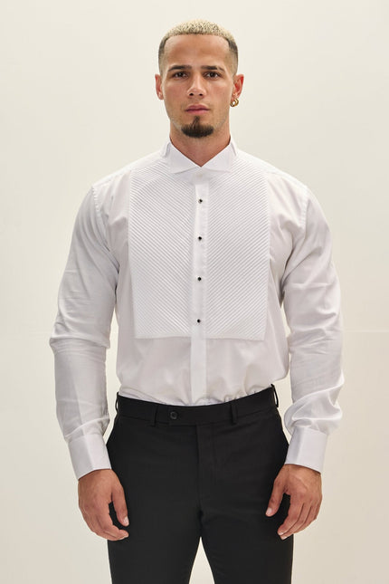 Men's Diagonal Pleated Tuxedo Shirt - White | Ron Tomson