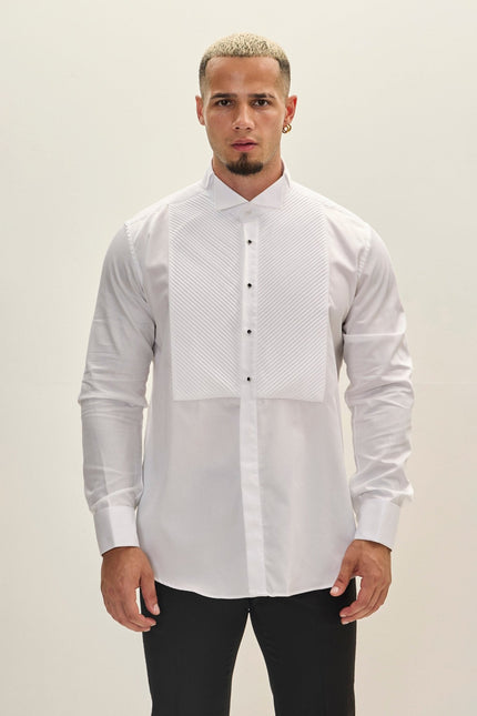 Men's Diagonal Pleated Tuxedo Shirt - White | Ron Tomson