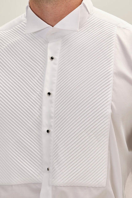 Men's Diagonal Pleated Tuxedo Shirt - White | Ron Tomson