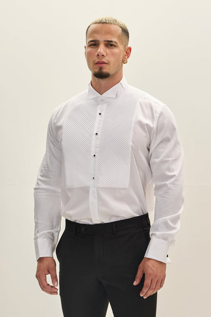 Men's Diagonal Pleated Tuxedo Shirt - White | Ron Tomson