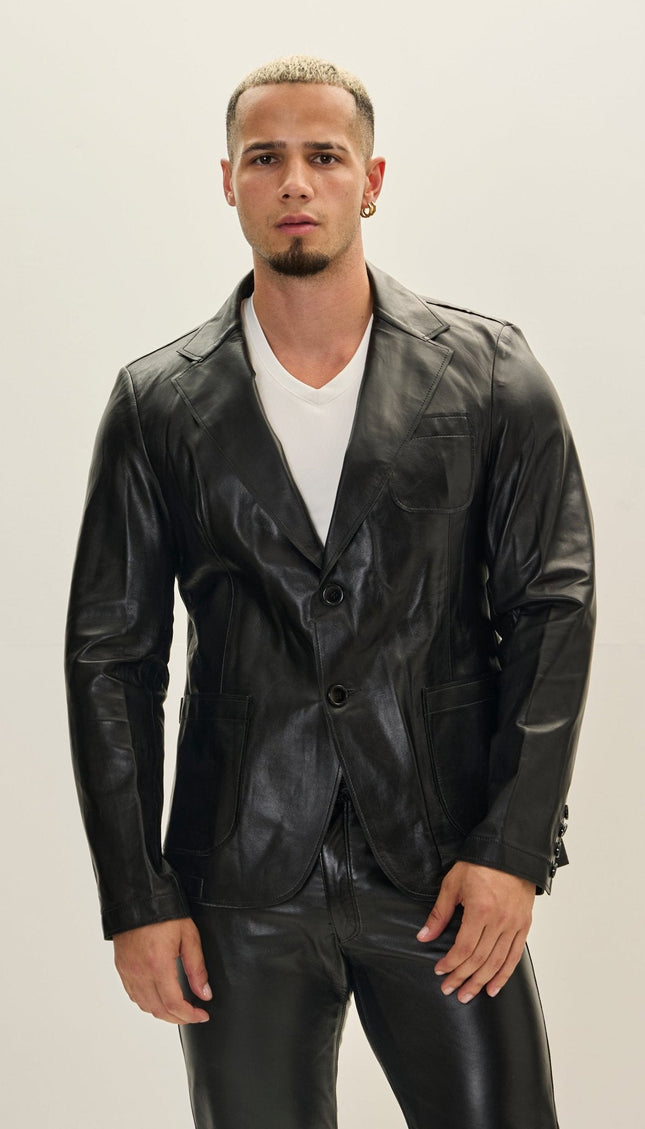 Classic Two-Button Leather Blazer - Black