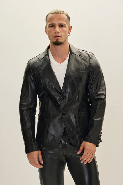 Men's Classic Two-Button Leather Blazer - Black | Ron Tomson