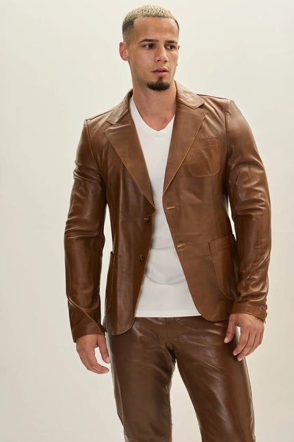 Men's Classic Two-Button Leather Blazer - Brown | Ron Tomson