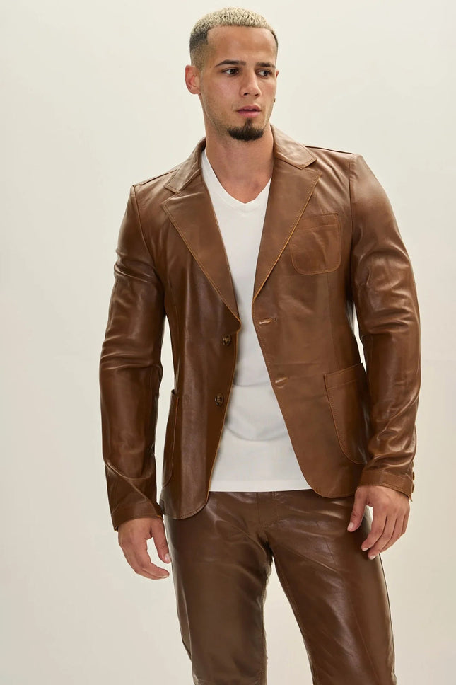 Men's Classic Two-Button Leather Blazer - Brown | Ron Tomson