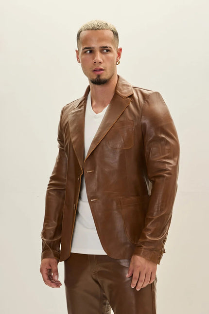 Men's Classic Two-Button Leather Blazer - Brown | Ron Tomson