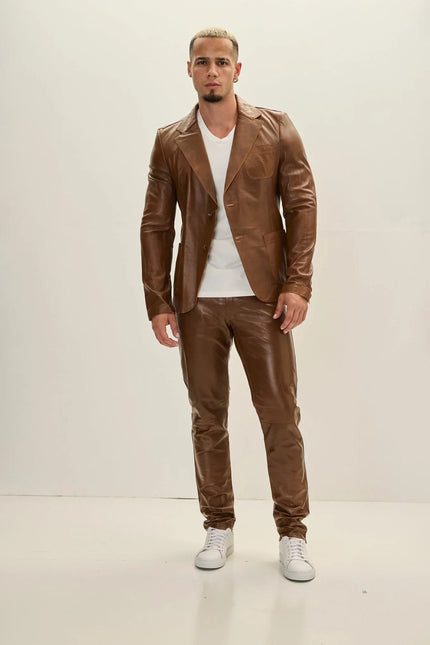 Men's Classic Two-Button Leather Blazer - Brown | Ron Tomson