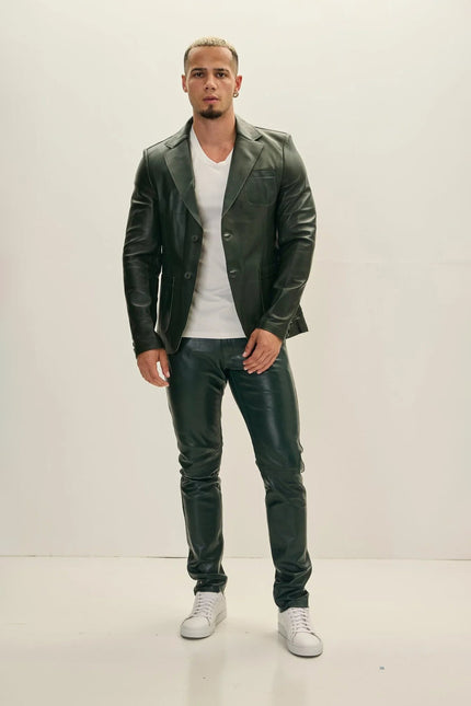 Men's Classic Two-Button Leather Blazer - Green | Ron Tomson
