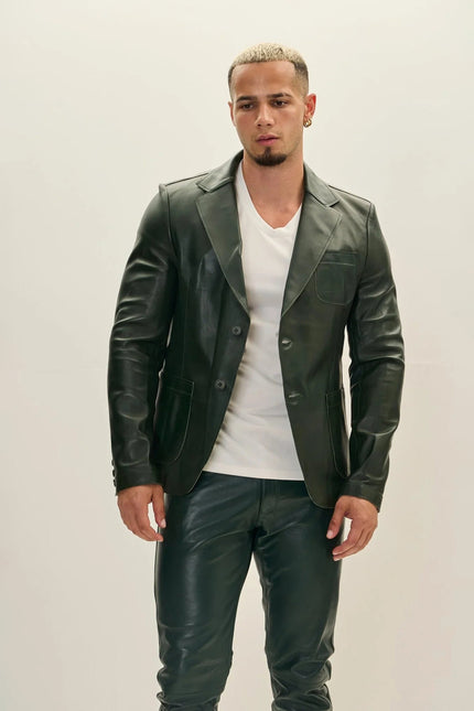 Men's Classic Two-Button Leather Blazer - Green | Ron Tomson