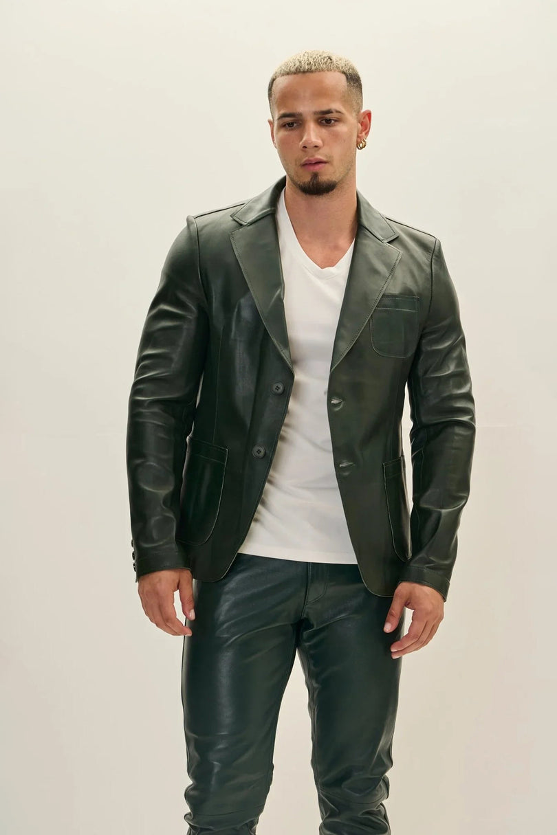 Men's Classic Two-Button Leather Blazer - Green | Ron Tomson