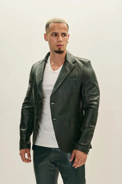 Men's Classic Two-Button Leather Blazer - Green | Ron Tomson