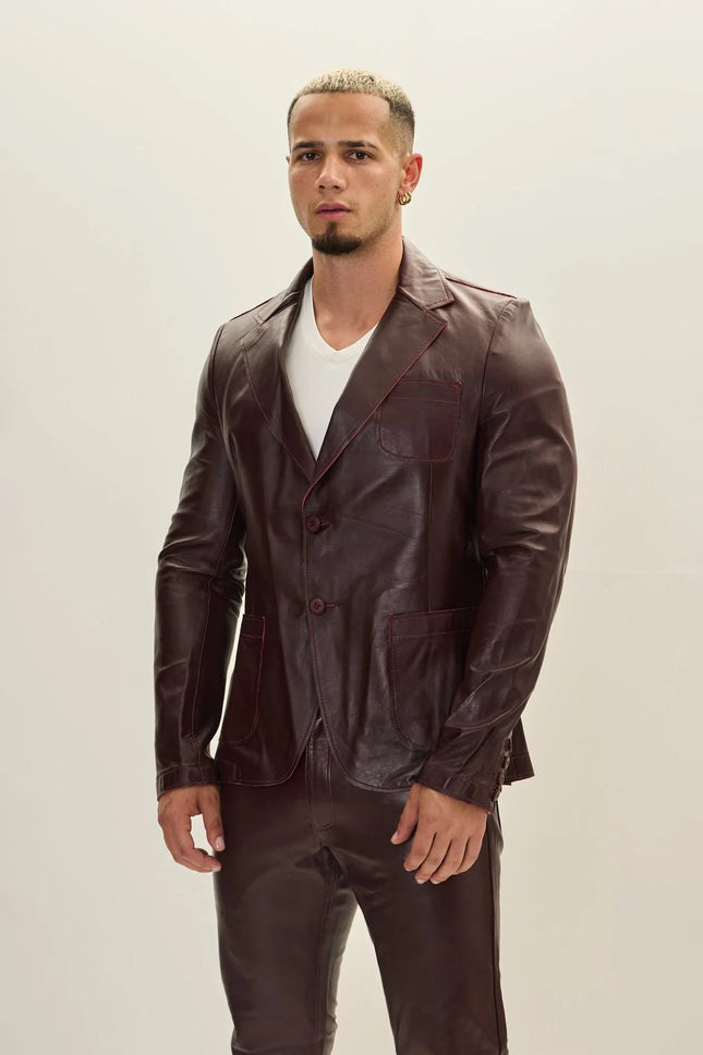 Men's Classic Two-Button Leather Blazer - Wine | Ron Tomson