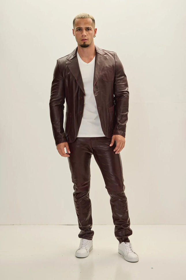 Men's Classic Two-Button Leather Blazer - Wine | Ron Tomson