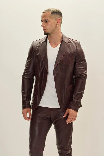 Men's Classic Two-Button Leather Blazer - Wine | Ron Tomson