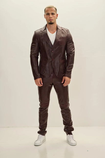Men's Classic Two-Button Leather Blazer - Wine | Ron Tomson