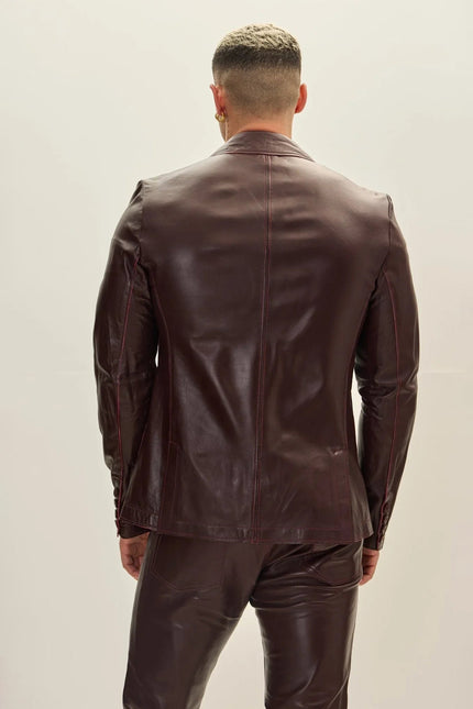 Men's Classic Two-Button Leather Blazer - Wine | Ron Tomson