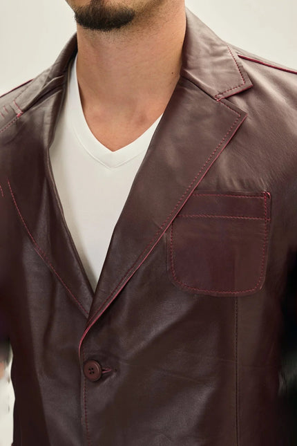 Men's Classic Two-Button Leather Blazer - Wine | Ron Tomson