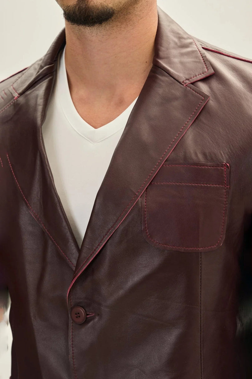 Men's Classic Two-Button Leather Blazer - Wine | Ron Tomson