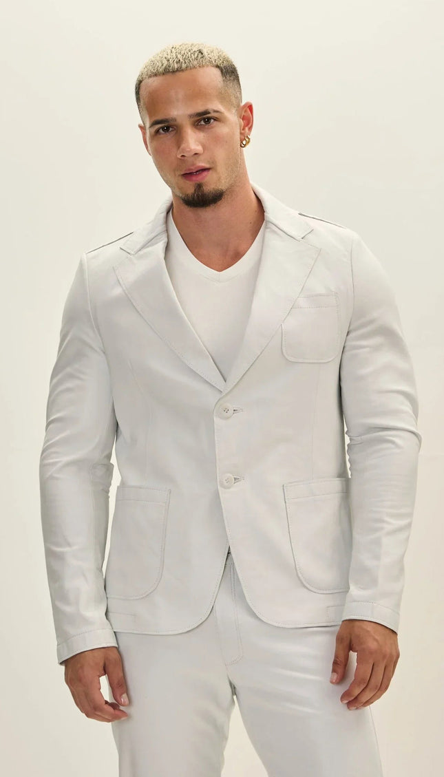 Classic Two-Button Leather Blazer - White