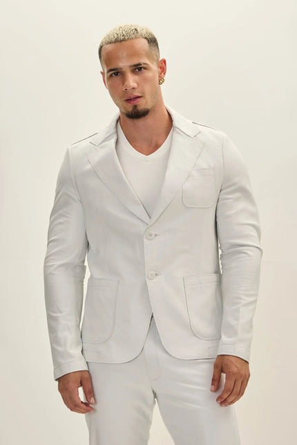 Men's Classic Two-Button Leather Blazer - White | Ron Tomson