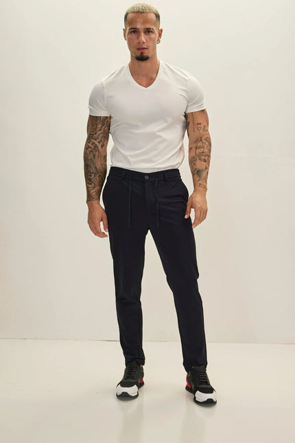 Men's Fitted Drawstring Casual Pants - Navy | Ron Tomson