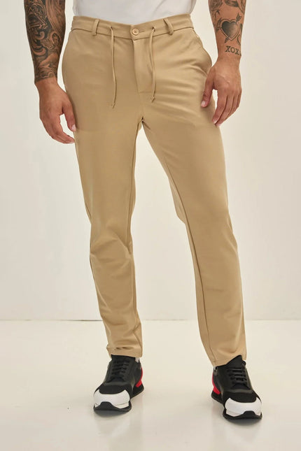 Men's Fitted Drawstring Casual Pants - Stone | Ron Tomson
