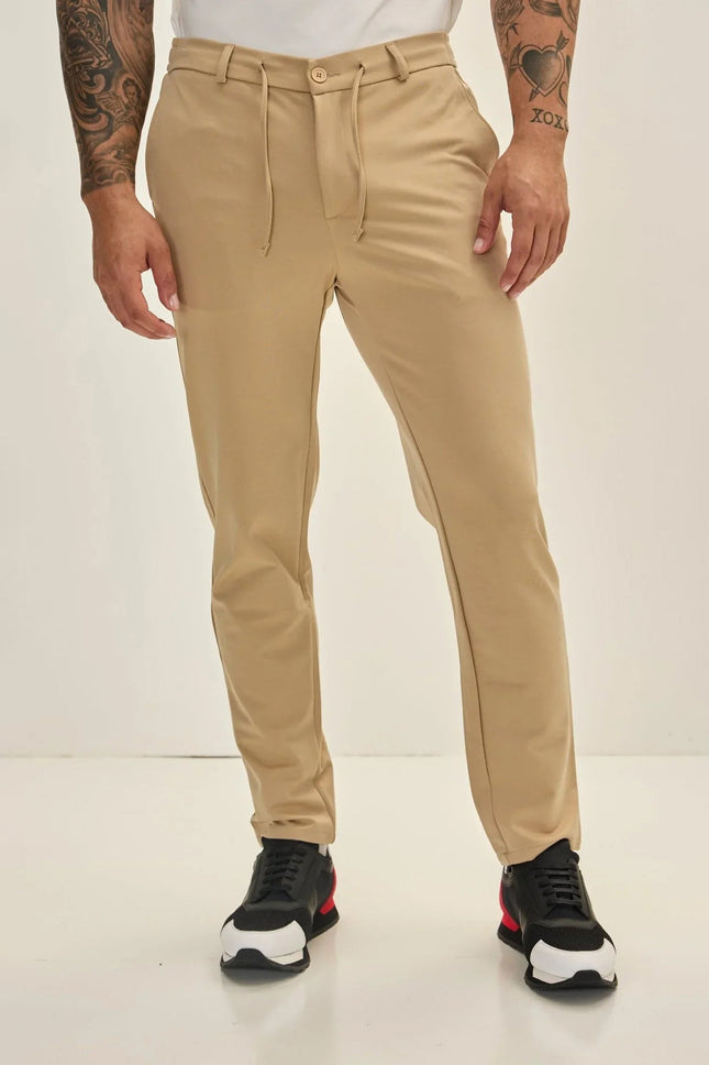 Men's Fitted Drawstring Casual Pants - Stone | Ron Tomson