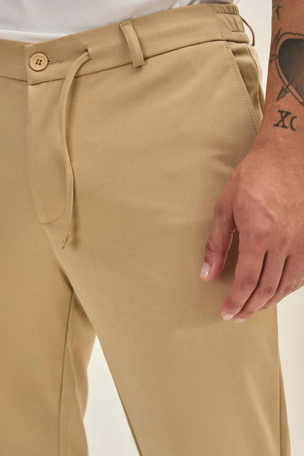 Men's Fitted Drawstring Casual Pants - Stone | Ron Tomson