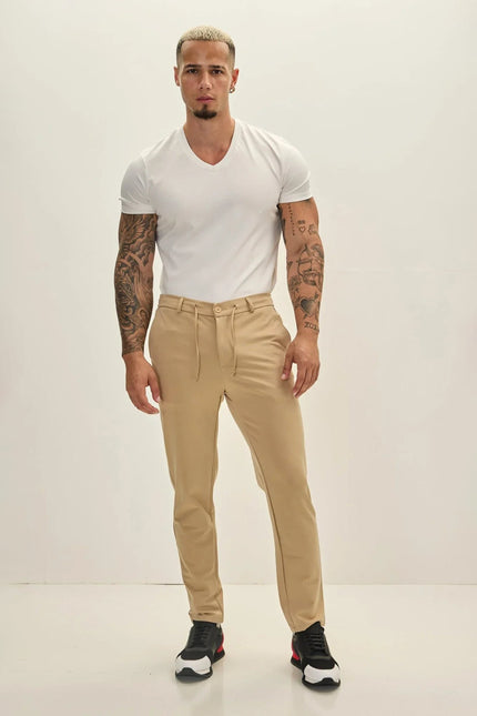 Men's Fitted Drawstring Casual Pants - Stone | Ron Tomson