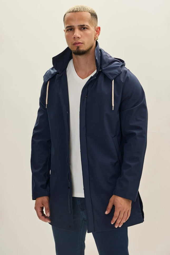 Men's Hooded Rain Slicker Jacket - Navy | Ron Tomson